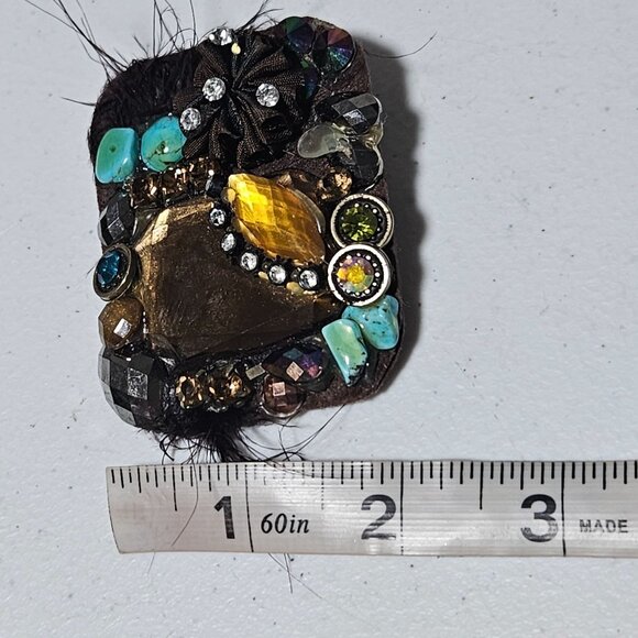 Handcrafted Statement Brooch Pin Turquoise Rhinestones Gemstones Feathers Women - Picture 6 of 6